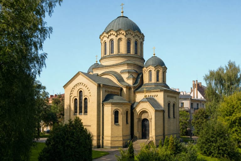 Gelsvo mūro Vilniaus Dievo Motinos Ženklo cerkvė su tamsiu centriniu kupolu, mažais kupolais ir auksiniais kryžiais tarp Žvėryno medžių
