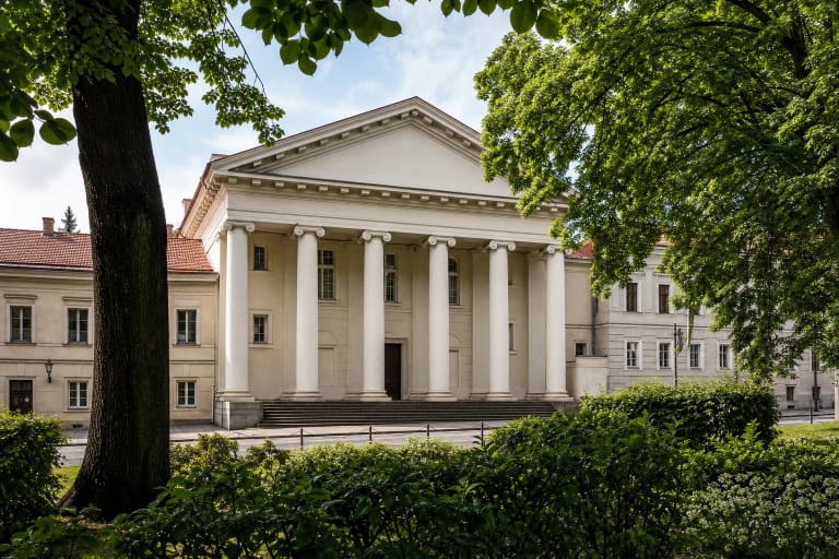 Неоклассический фасад Вильнюсской евангелическо-реформатской церкви с портиком на шести колоннах