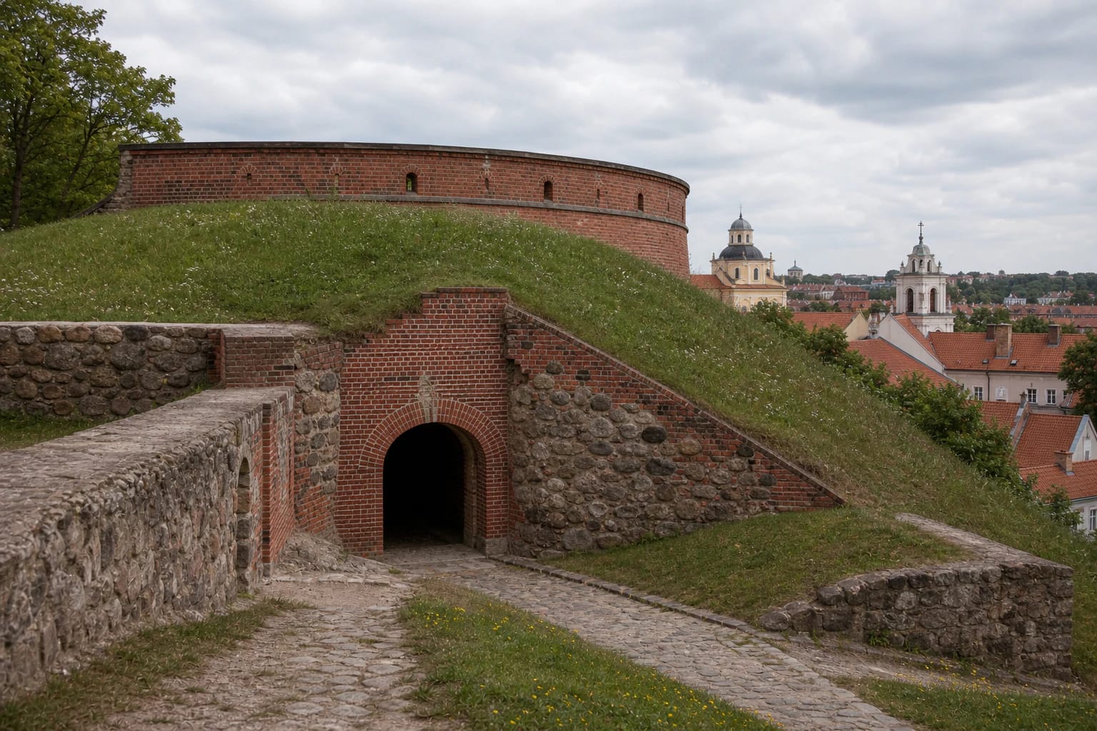 Masonry and grassy rampart of the Bastion of the Vilnius Defensive Wall with an old-town panorama from Bokšto Hill