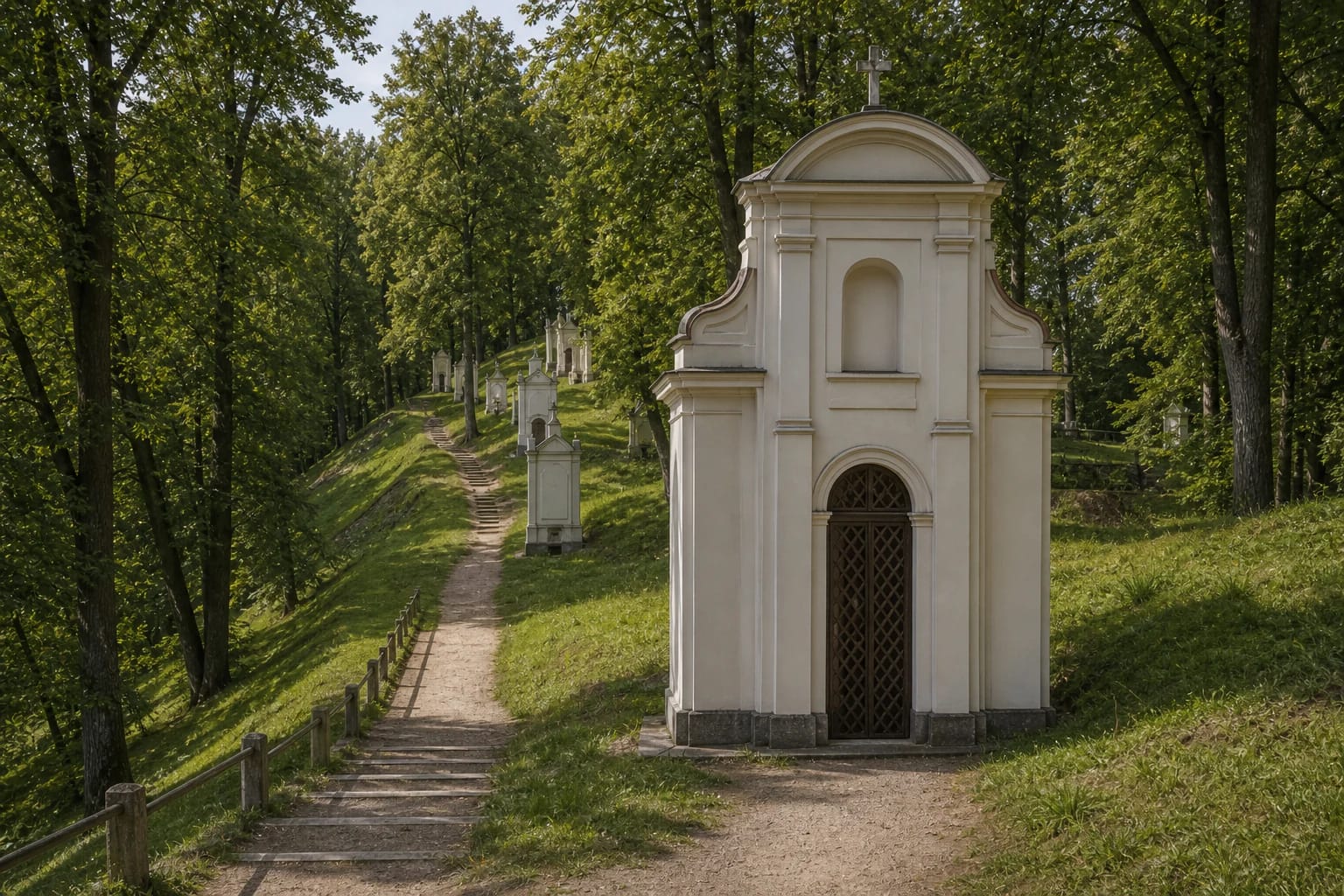 Masonry chapel of the Vilnius Calvary Way of the Cross in the green Verkiai landscape