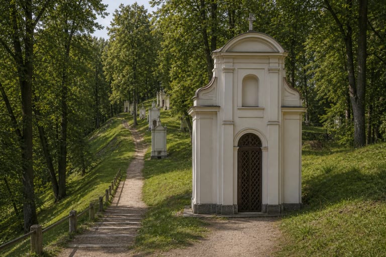 Masonry chapel of the Vilnius Calvary Way of the Cross in the green Verkiai landscape