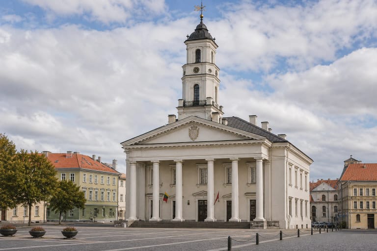 Vilniaus rotušės klasicistinis fasadas su dorėniniu portiku Rotušės aikštėje senamiesčio aplinkoje