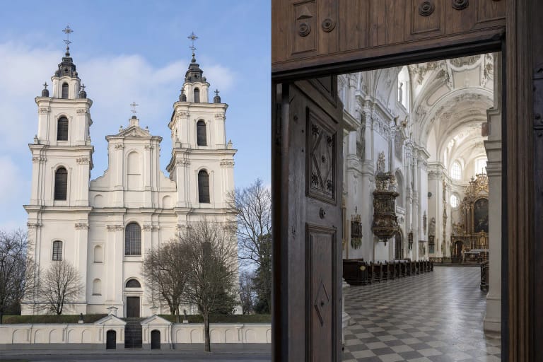 Vilniaus Šv. apaštalų Petro ir Povilo bažnyčios baltas barokinis fasadas Antakalnyje ir puošnus šviesus interjeras