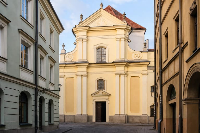 Pale Baroque facade of St Ignatius Church on a narrow street in Vilnius Old Town