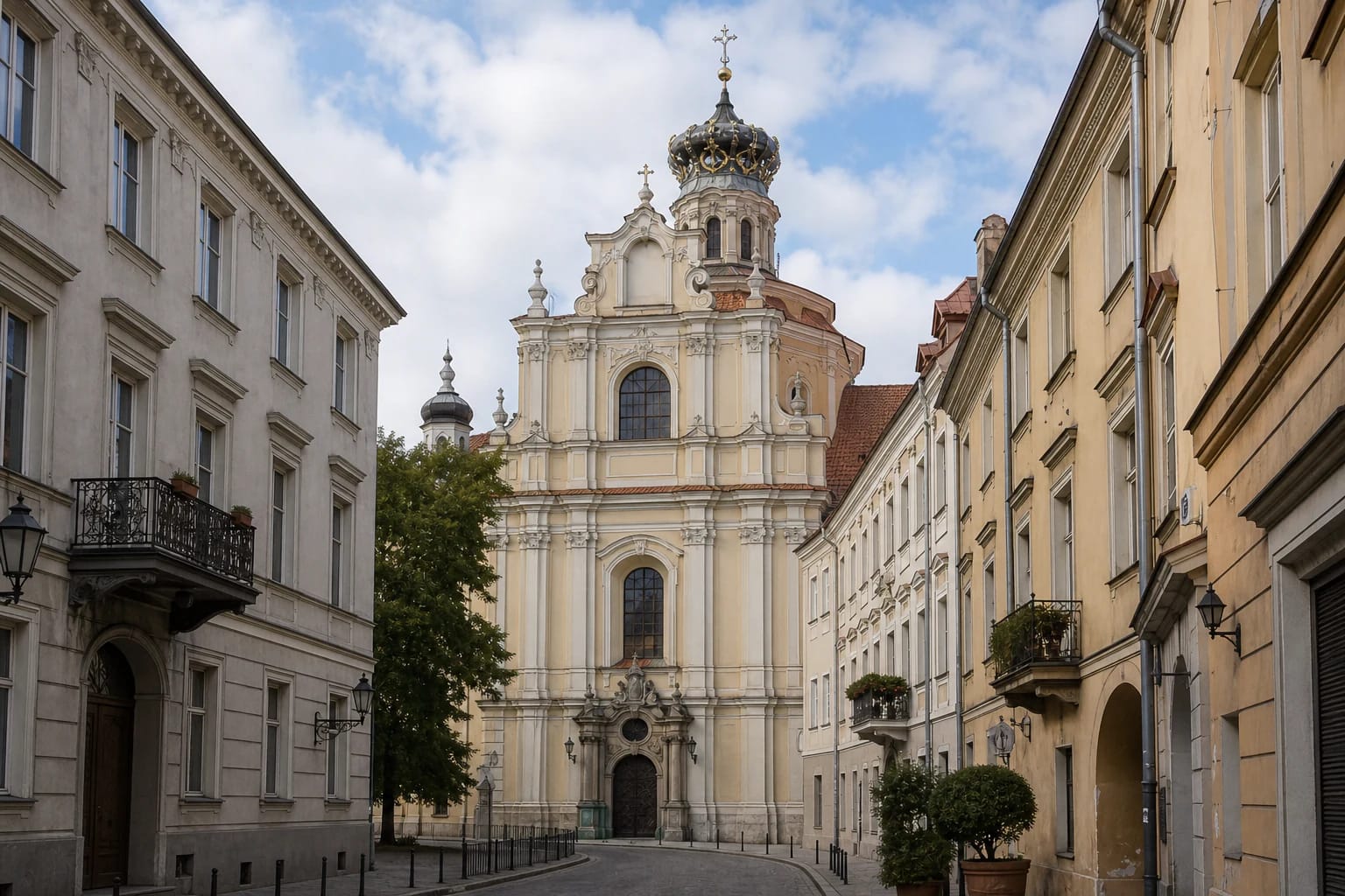 Vilniaus Šv. Kazimiero bažnyčios ankstyvojo baroko fasadas ir kupolas su karūnos formos šalmu Didžiojoje gatvėje