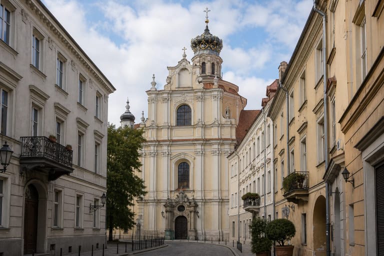 Early Baroque facade of Vilnius St Casimir's Church and dome with crown-shaped helmet on Didžioji Street
