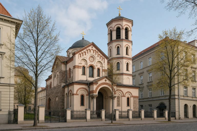 Šviesus neobizantinis Vilniaus Šv. Nikolajaus cerkvės fasadas ir varpinė siauroje Didžiojoje gatvėje