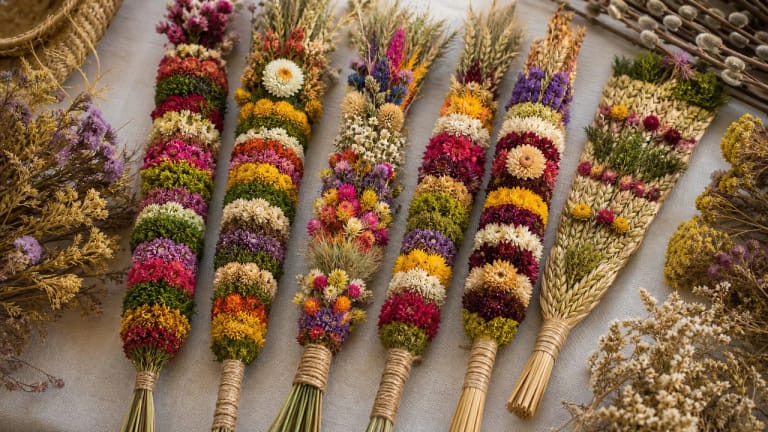 A Vilnius verba made of dried herbs and flowers with colorful palm patterns