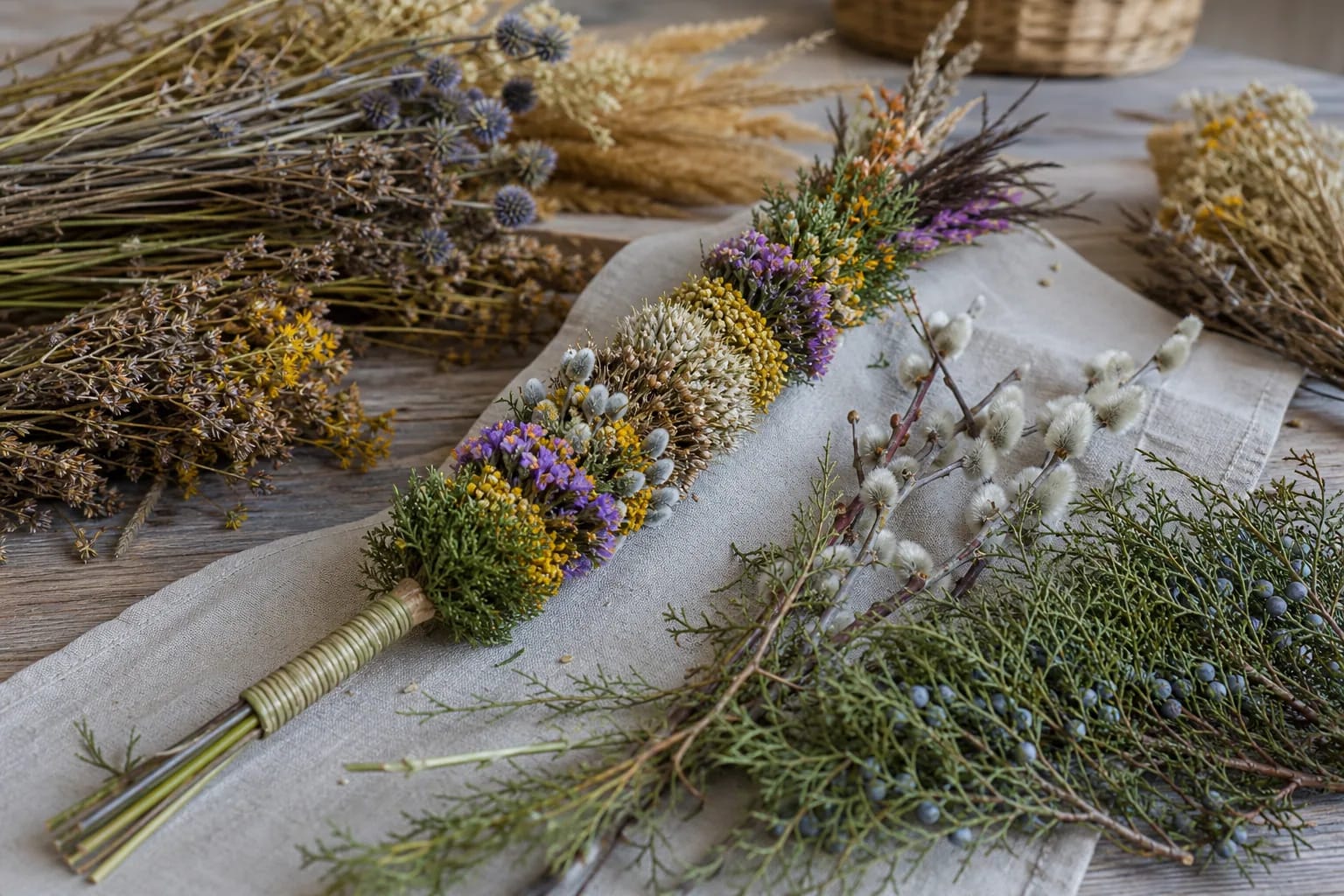 Vilnius verba made of dried herbs, flowers, willow, and juniper on linen.