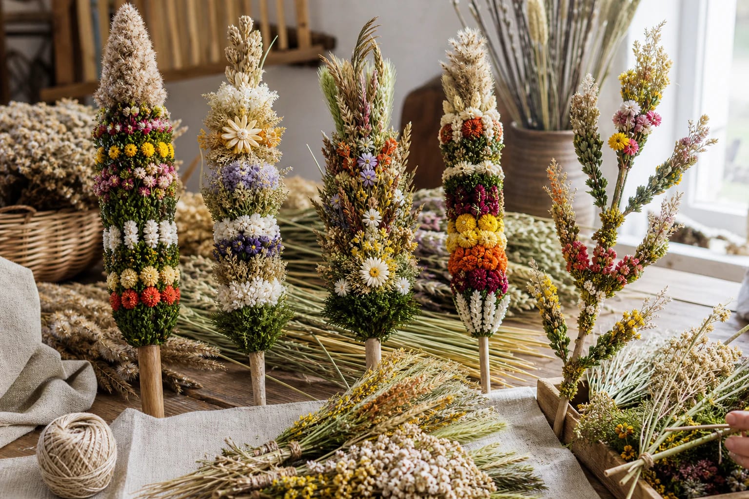 Colorful Vilnius verbos made from dried plants and grasses at a spring fair