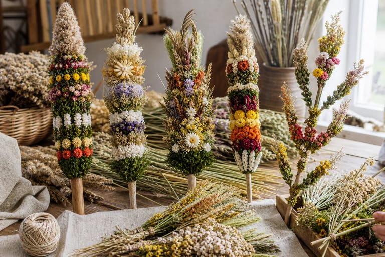 Colorful Vilnius verbos made from dried plants and grasses at a spring fair