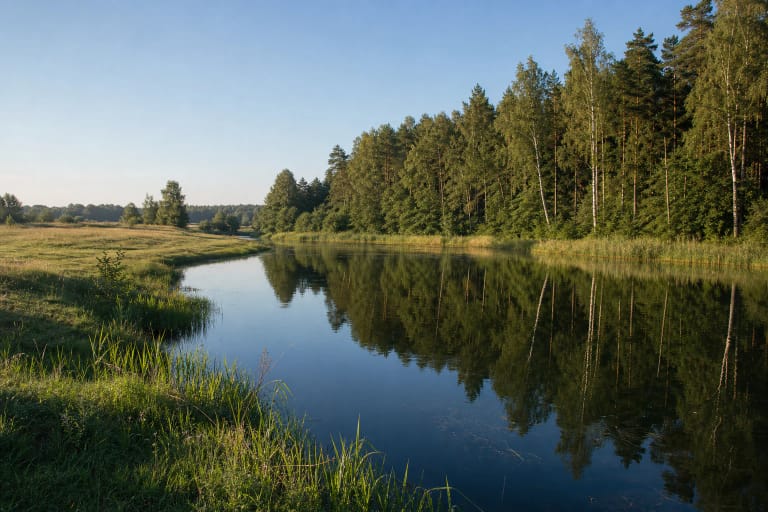 Siauras Vilūnų ežeras su nendrėta pakrante, pieva ir beržų bei pušų mišku