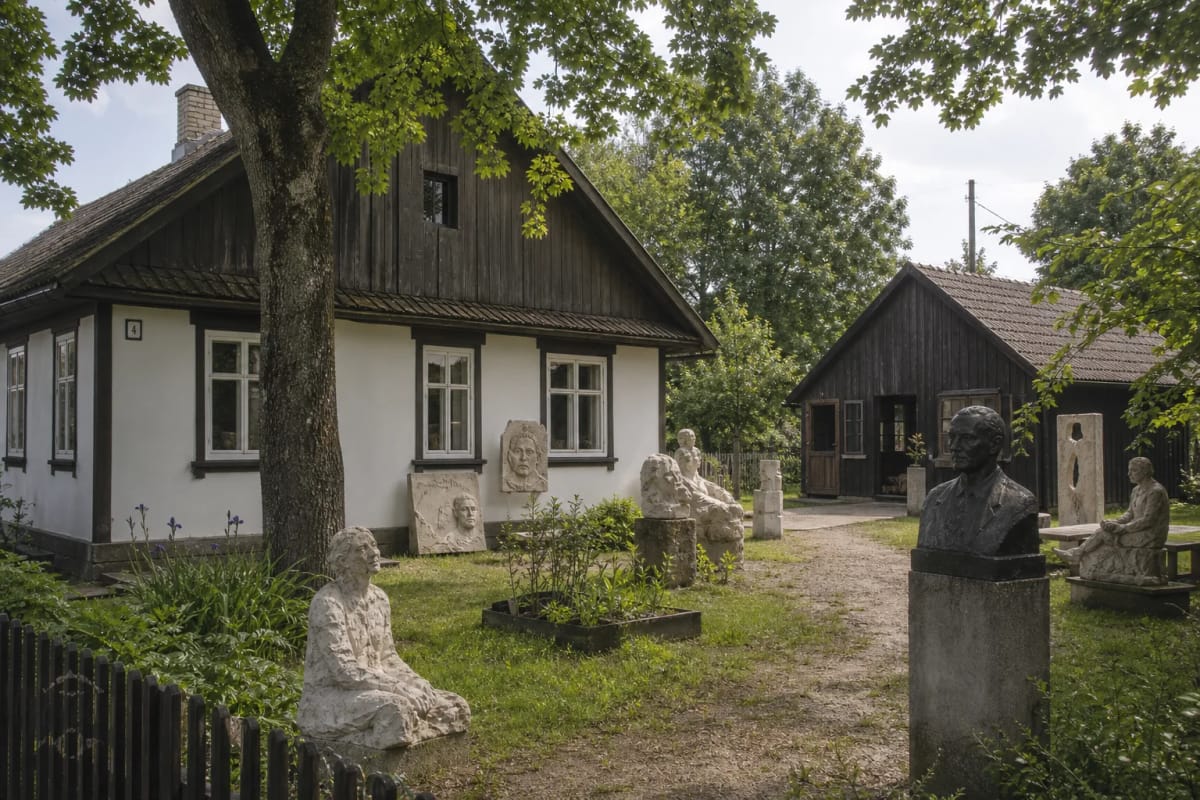 Vincas Grybas Memorial Museum homestead and sculptures in Jurbarkas