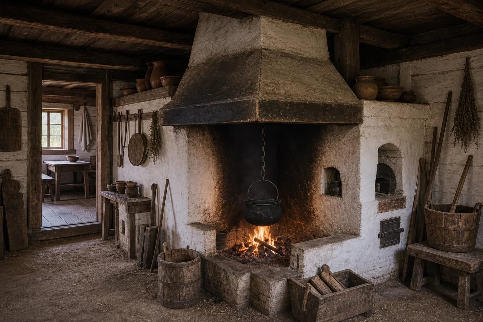 The virenė and chimney organized fire, smoke, and the center of cooking.