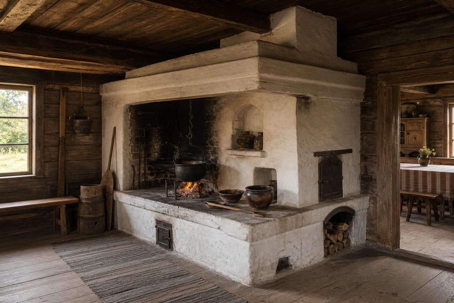 Žemaitian troba virenė with an open hearth, clay walls, rising chimney, hanging cauldron, and smoked meat
