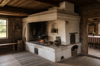 Žemaitian troba virenė with an open hearth, clay walls, rising chimney, hanging cauldron, and smoked meat