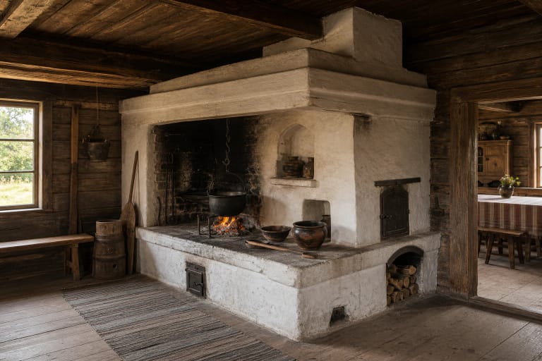 Žemaitian troba virenė with an open hearth, clay walls, rising chimney, hanging cauldron, and smoked meat