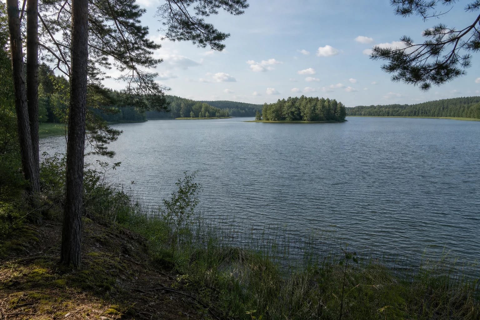 Virintų ežeras iš miškingo kranto su tolima sala ir Aukštaitijos ežeryno pakrante