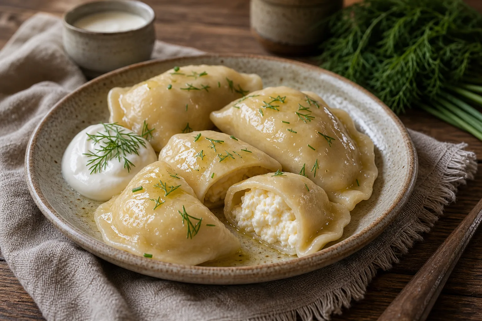 Lithuanian virtiniai with curd-cheese filling, melted butter, sour cream, and herbs