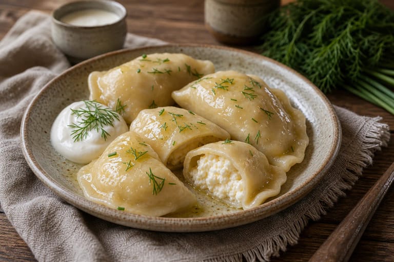 Lithuanian virtiniai with curd-cheese filling, melted butter, sour cream, and herbs