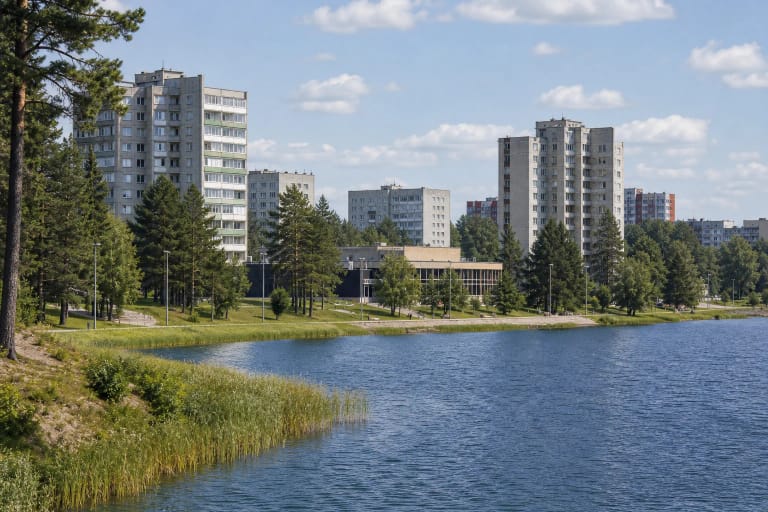 Soviet-era residential district of Visaginas in a pine forest near Lake Visaginas