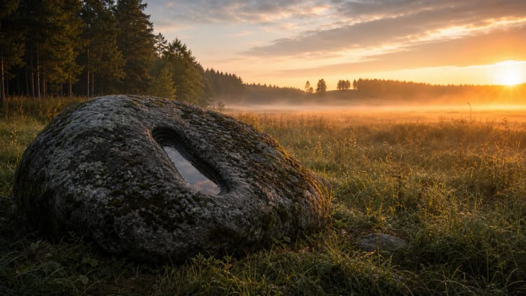 Vištytis Stone with a foot-shaped hollow in the mood of a sacred-fire legend