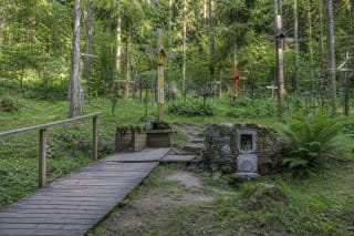 Mossy fieldstone capture, timber walkway, and green cross-covered forest slope at Vištytis Holy Spring