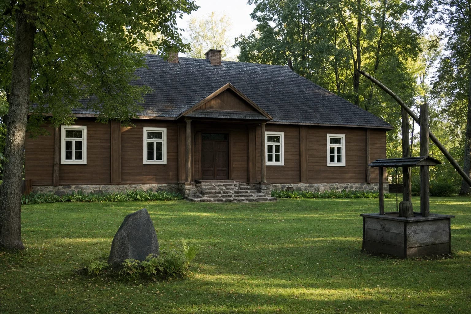 Деревянная усадьба музея Владислава Сырокомли в Барейкяй со старым колодцем и мемориальным камнем