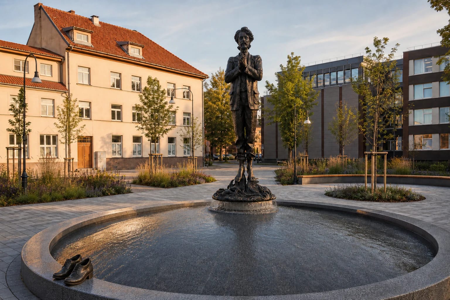 Bronze monument of barefoot Vydūnas above the circular Spring fountain in a renewed Klaipėda square