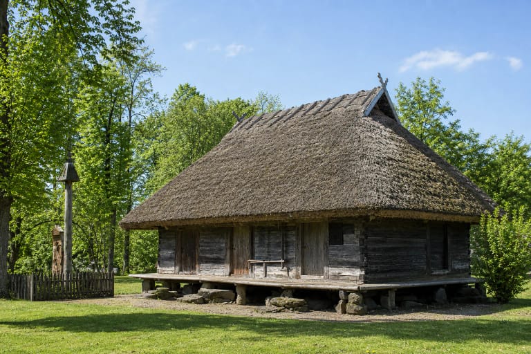 Authentic dark-log granary at Motiejus Valančius's birthplace, with a deep thatched roof in the green Nasrėnai homestead