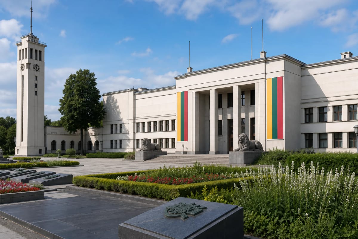 Vytautas the Great War Museum building with tower and memorial garden in Kaunas