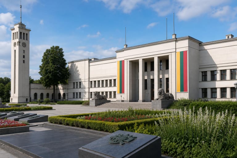Vytauto Didžiojo karo muziejaus rūmai su bokštu ir memorialiniu sodeliu Kaune
