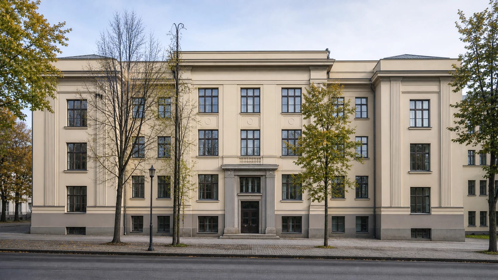 Светлый фасад здания медицинского факультета Университета Витовта Великого межвоенного периода на улице А. Мицкевича с центральным порталом, ризалитами и деревьями