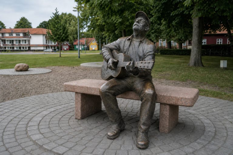 Bronzinis Vytautas Kernagis su kepuraite, apskritais akiniais ir gitara sėdi ant rausvo granito suolo medžių apsuptame Nidos Bardų skvere