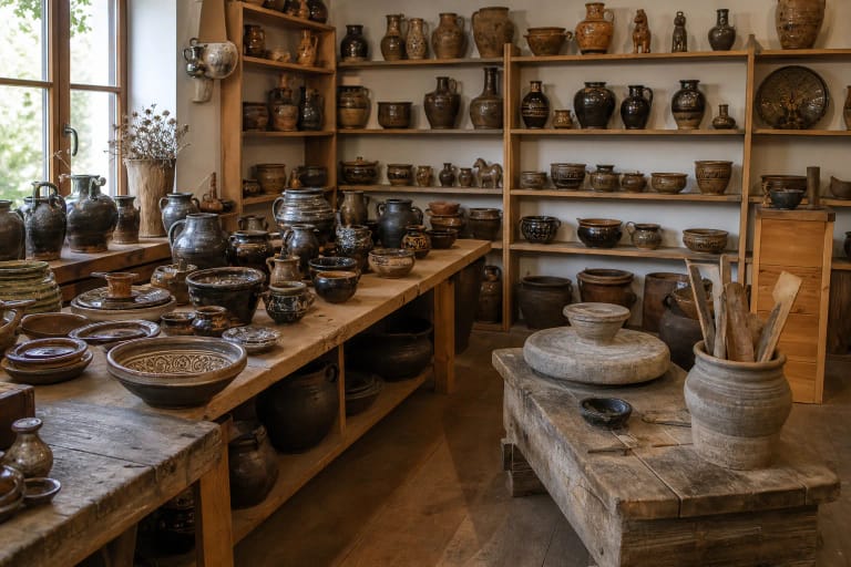 Display of Lithuanian ceramic pots and jugs in the Vytautas Valiušis Ceramics Museum in Leliūnai