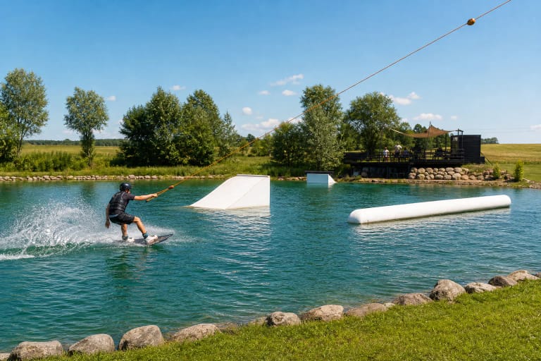 Wake Village „Gribžė“ kabelio trasa su vandenlentininku, baltais kickeriais ir vamzdžiu žaliame ežerėlyje