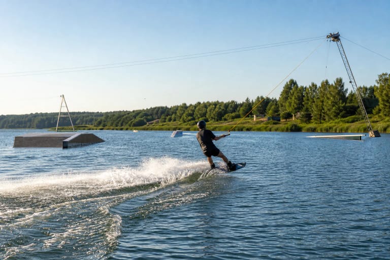 WakeUp Kaunas wakeboarder on the Lake Lampėdis cable course with obstacles and a wooded shore