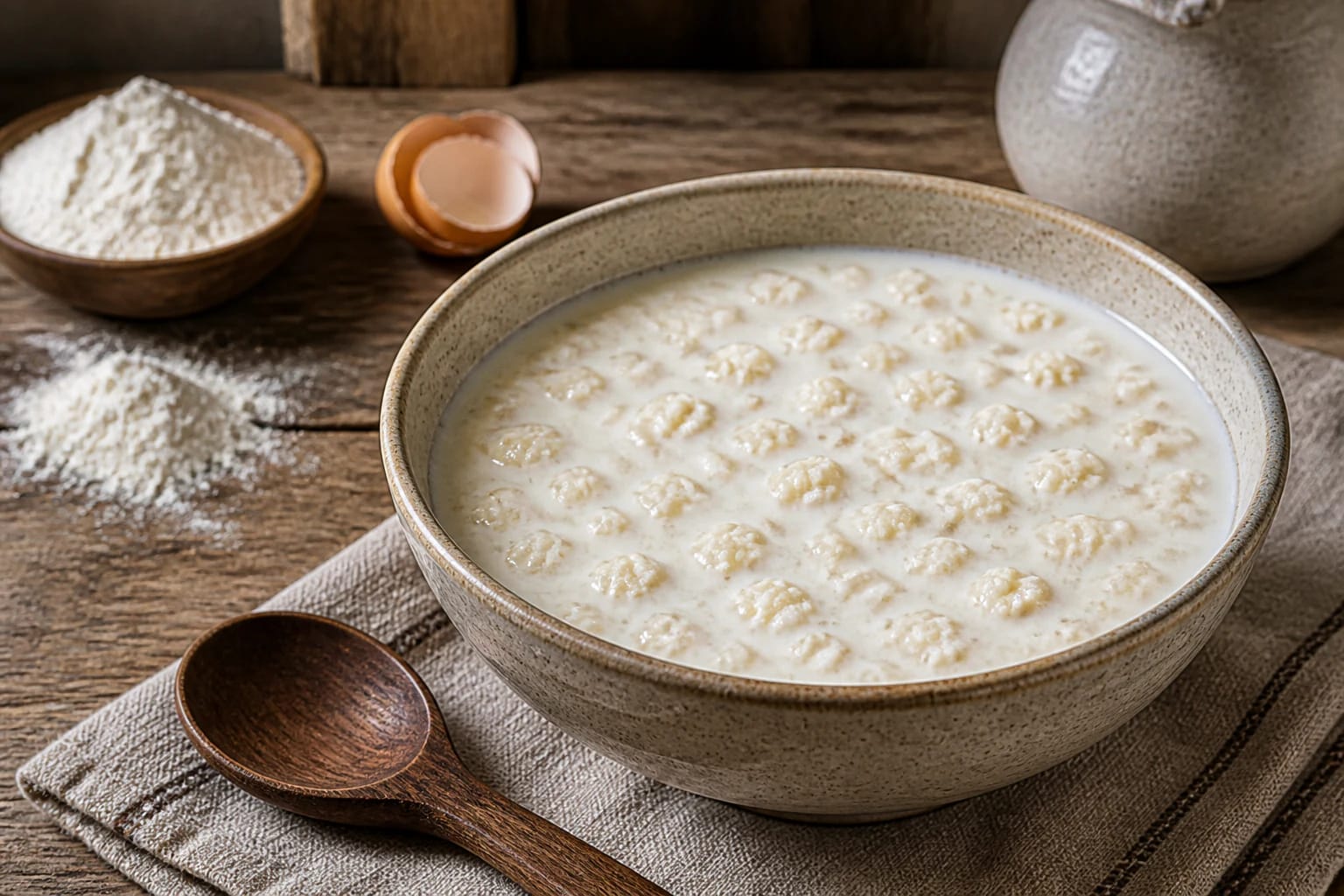 Миска зацирки с молочным супом, мелкой мучной крошкой, деревянной ложкой и мукой на столе
