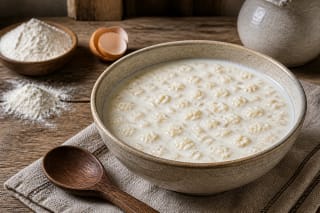 A bowl of zacirka milk soup with small flour crumbs, a wooden spoon, and flour on the table