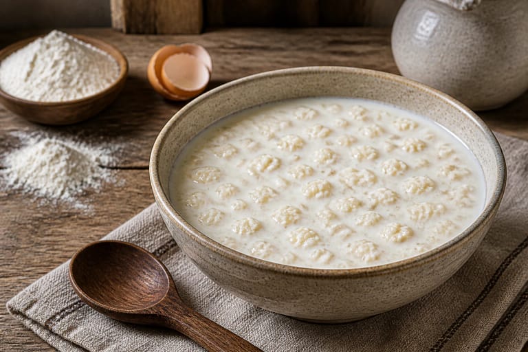 A bowl of zacirka milk soup with small flour crumbs, a wooden spoon, and flour on the table