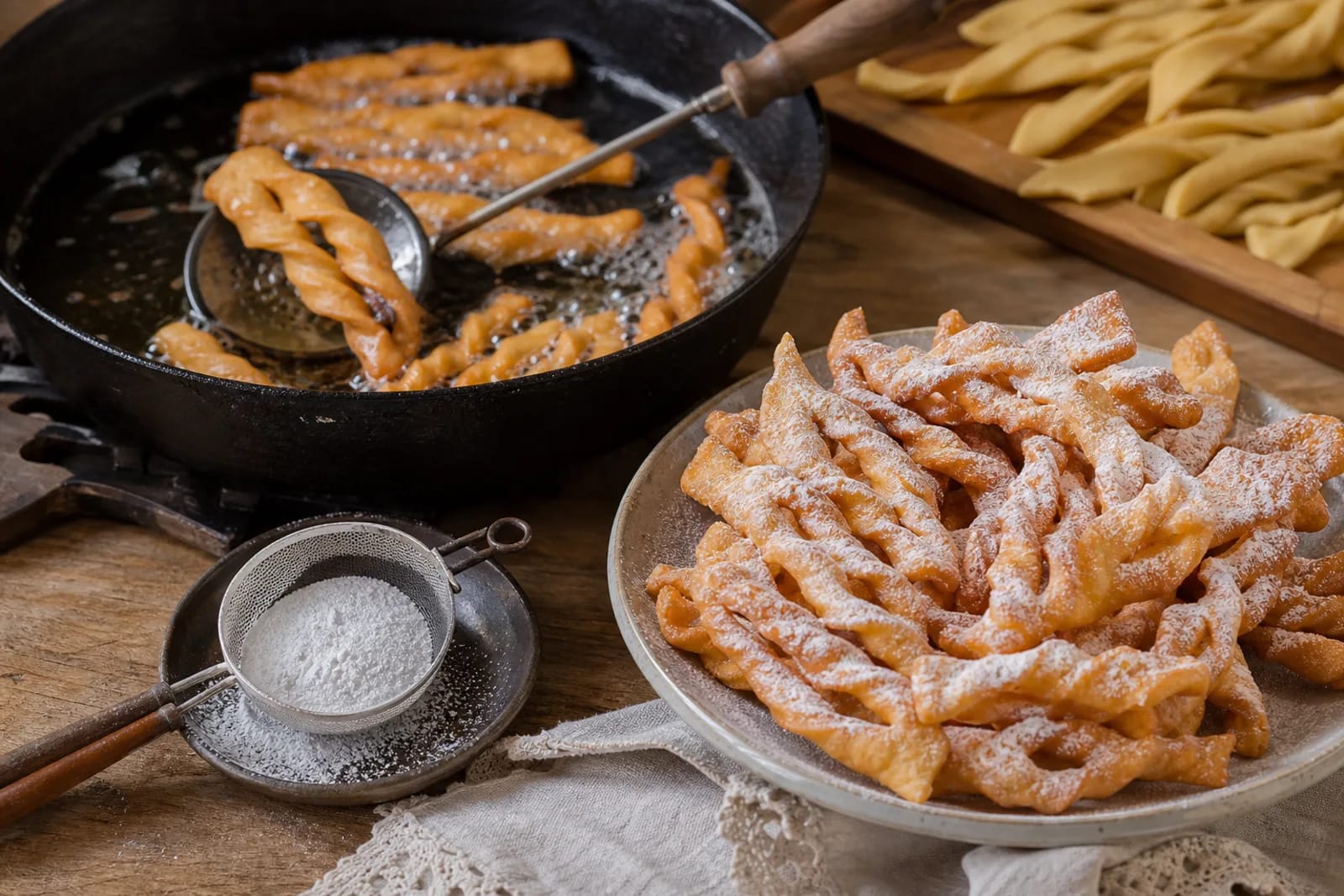 Žagarėliai: thin crisp dough pastries boiled in oil in a Lithuanian traditional food context