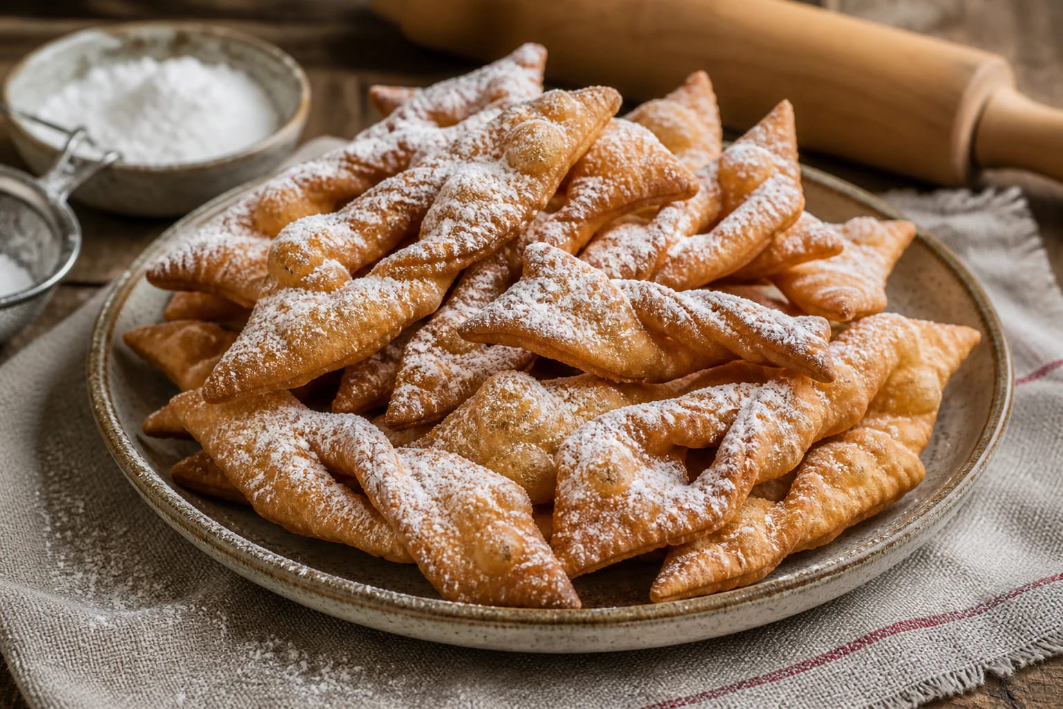 A plate of crisp žagarėliai with powdered sugar on a floured wooden table