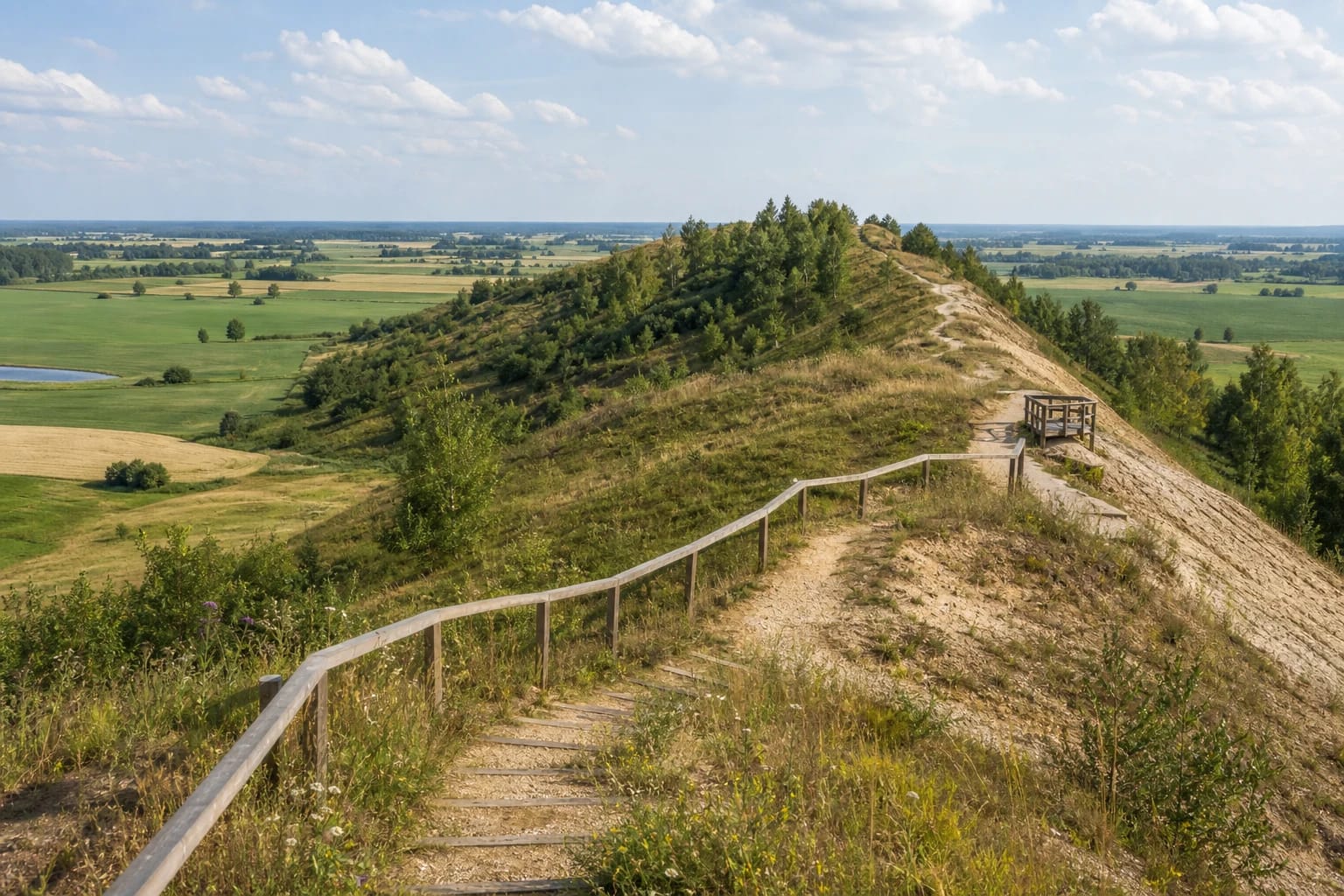 Long grassy ridge of Žagarė Esker with a wooden viewing platform and Joniškis lowland panorama