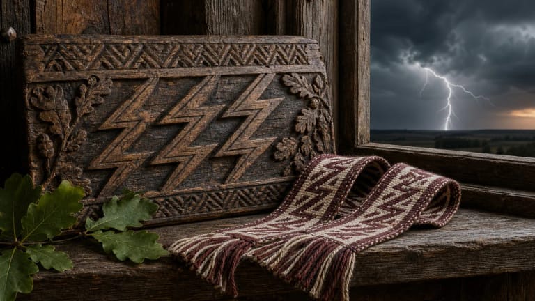 The Lightning Sign in Lithuanian ornament with Perkūnas' storm and broken-line motif