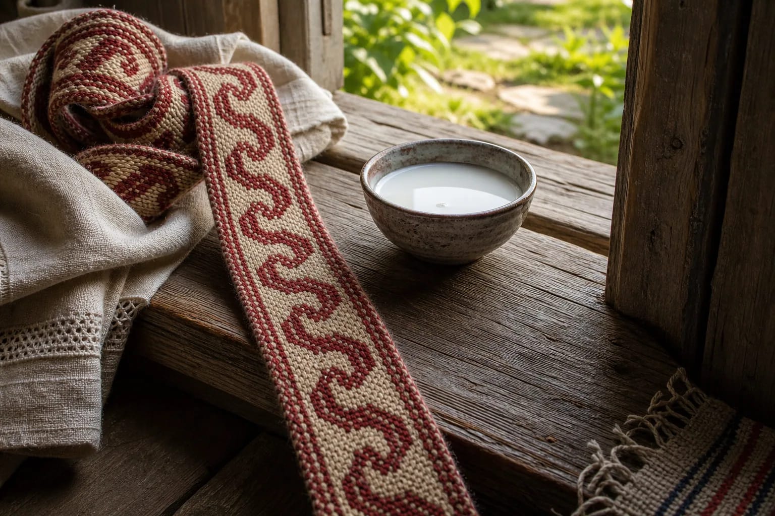 S-shaped little snake pattern in a Lithuanian sash beside a threshold and bowl of milk.
