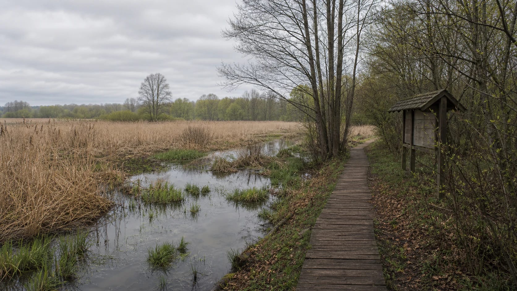 Flooded-forest setting of Žalgiriai Interpretive Trail with reeds and an information stand