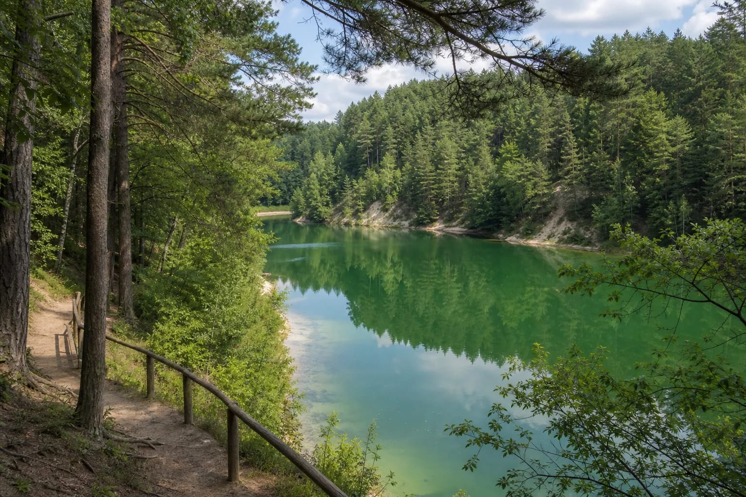 Smaragdinis Balsio ežeras stačiais miškingais šlaitais Žaliųjų ežerų pažintiniame take