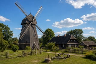 Žaliūkiai windmill and miller's homestead in Šiauliai in summer greenery