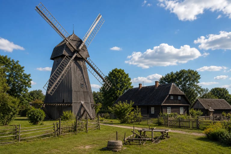 Žaliūkių vėjo malūnas ir malūnininko sodyba Šiauliuose vasaros žalumoje