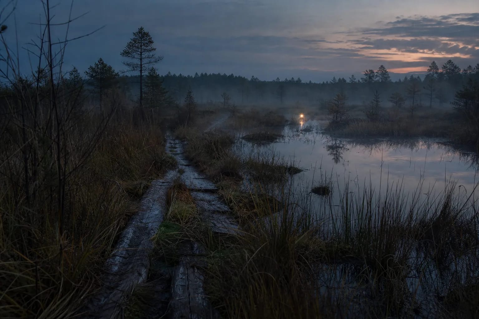 Bog path, mist, reeds, and a small misleading light at dusk